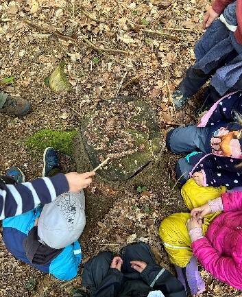 Bild von fünf Kindern die auf dem Boden im Wald sitzen von oben.