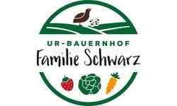 Logo des Ur-Bauernhof Schwarz mit einem Schriftzug und Gemüse.